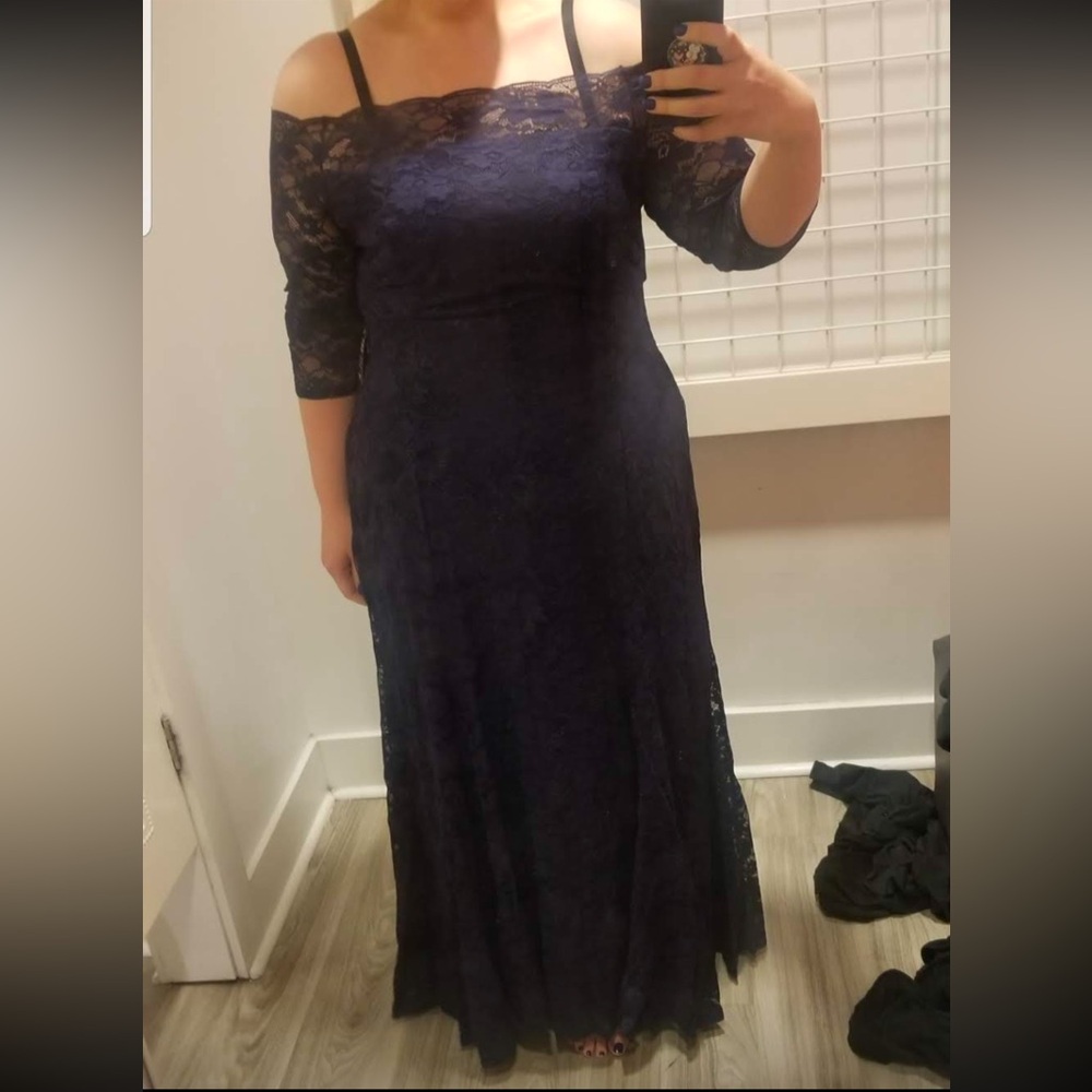 Navy Blue Lace Off Shoulder A-Line Formal Dress